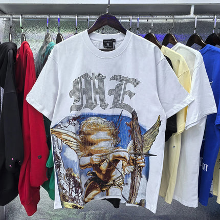 MIXED EMOTION Rhinestone Short Sleeve Men Women Tshirt Streetwear Cotton Loose Round Neck Top Tees Oversized Tee Top Trendy