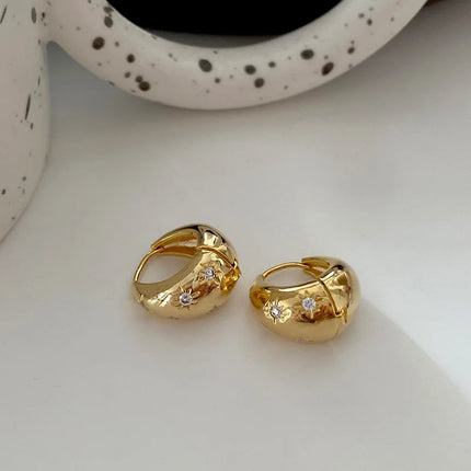 Stainless Steel Smooth Star Zircon Hoop Earrings for Women Girls Metal Chunky Sun Rhinestone Ear Buckle Punk Y2K Elegent Jewelry