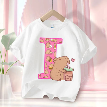 Summer Capibara Anime Letter A-Z Cute Printed Children's T-shirt Girls Short Sleeve Cotton Fashion Tops Kids Clothes Casual Tees