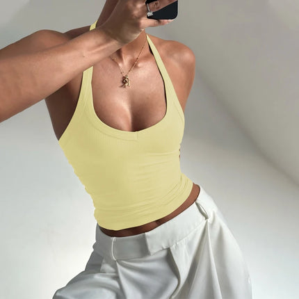 Hugcitar 2025 Summer Ribbed Halter Backless Solid Sexy Crop Tank Top Casual Y2K Women Clothes Beach Vacation Streetwear Yoga