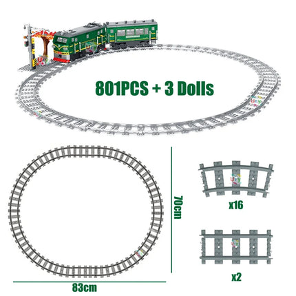 Technical Retro Green Steam Train City Car Electric Model Rechargeable Lithium Battery Motor Building Blocks Toys For Gifts