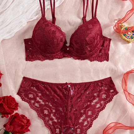 Women's Sexy Lingerie Set Lace Patchwork Solid Color Bowknot Rhinestone Embellished Push-Up Double Shoulder Strap Unlined Comfortable Underwear, Lace Semi-Transparent Breathable Panties