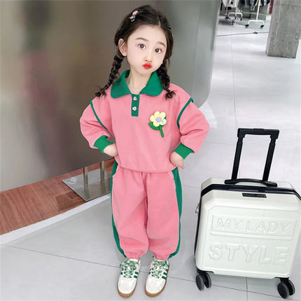 Spring Set Children's Sportswear Suit Girls Flower Top Pants 2 Piece Autumn Lapel Long Sleeve Sweatshirt Outfit Kids Clothing