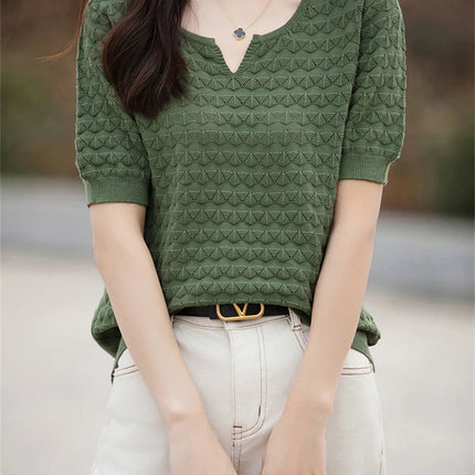 Women's T-shirt Summer New 100% Pure Cotton Tees Casual Solid Knitted Short sleeved V-neck Pullover Loose Tops Fashion Sweater