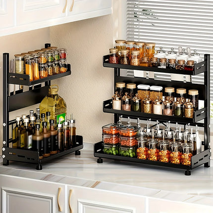 Versatile 2-Tier Carbon Steel Spice & Utensil Rack - Must-Have Countertop Storage for Kitchen Desk Organization