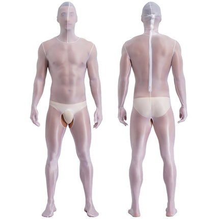 Men's Glossy Bodystocking Full Body Suit See-though Stretch Nylon One Piece Overall Catsuit with Head Mask Underwear Clubwear