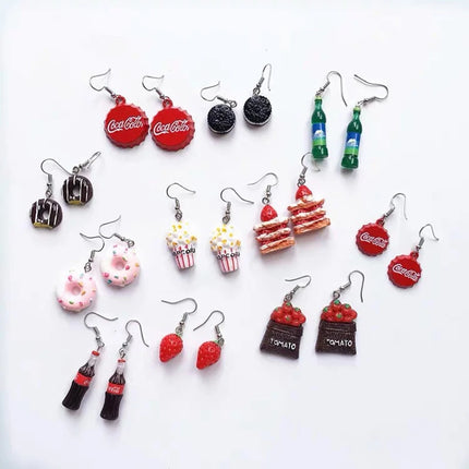 Cute Jewelry Bulk Wholesale Chocolate Strawberry Cake Popcorn Drink Coke Bottle Cap Miniature Food Resin Earrings for Women