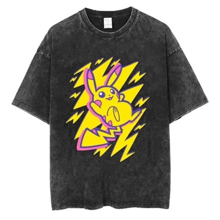 Pokemon Anime Retro Washed T-shirt Cotton Men's and Women's Summer New T-shirt Y2K Loose Casual Short Sleeved Top Clothing