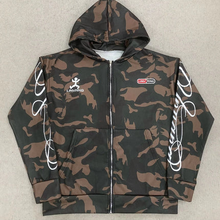 Unisex Spring Printed Hooded Camouflage Cardigan American High Street Style Pullover Hoodie for Men And Women