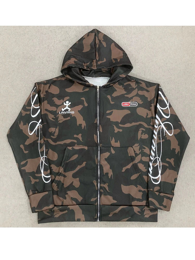 Unisex Spring Printed Hooded Camouflage Cardigan American High Street Style Pullover Hoodie for Men And Women