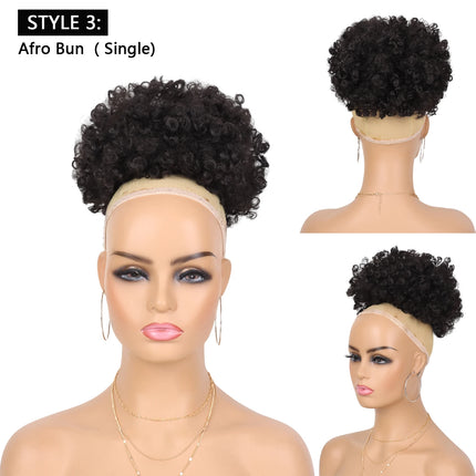 Synthetic Afro Puff Drawstring Ponytail with Short Kinky Curly Bun with 2 Replaceable Bangs Pineapple Updo Hair for Black Women