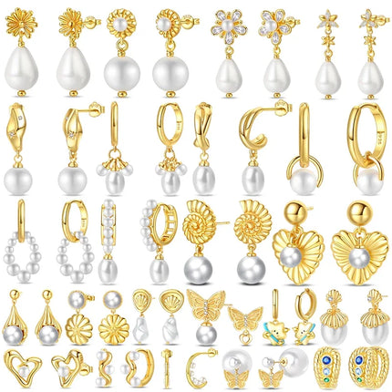 925 Sterling Silver Gold Pearl Hoop Earrings Pave Large Circular Shape Earring Gift for Women Jewelry Anniversary Wedding