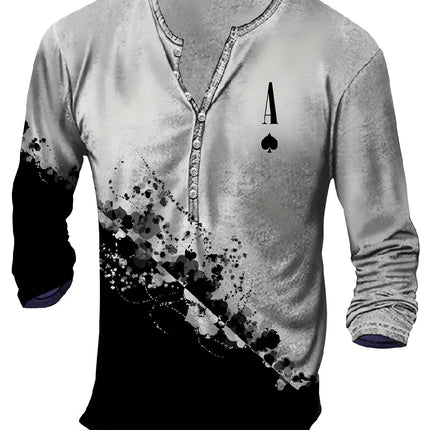 Men's Vintage T-shirt, Cotton Imitation T-shirt, Geometric Lines Print, Henley Long-sleeved T-shirt, Top, Men's T-shirt, Casual