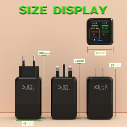 150W 6 Ports USB Charger PD Fast Charging Charger Wall Adapter EU/US/UK Plug Charger Quick Charge 3.0 Multi Ports Power Adapter