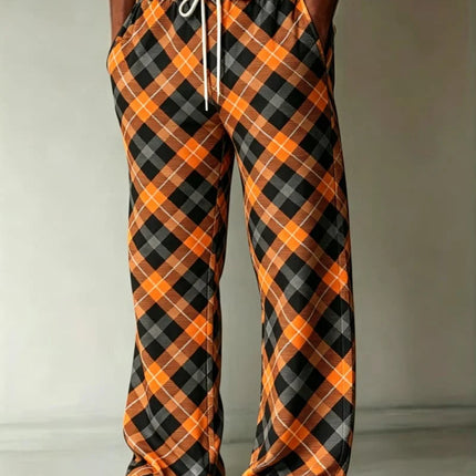 Men's classic plaid/diamond print casual pants, loose and breathable drawstring style, suitable for outdoor sports