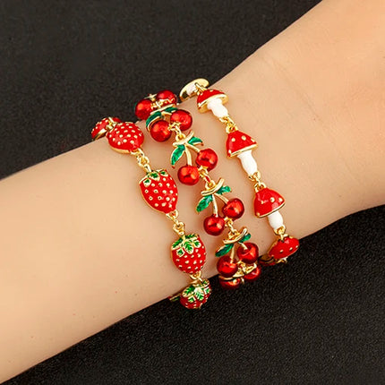 Nidin Fashion Sweet Strawberry/Mushroom/Cherry Drip Oil Delicate Bracelets For Women Girl Elegant Aesthetic Jewelry Accessories