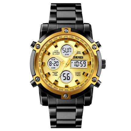 SKMEI Men Dual Display Watch Countdown Steel Strap Electronic Wristwatch Three Time Clock Digital Quartz Watch Relogio Masculino