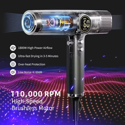 Professional Salon Low Noise Negative Ionic  High-Speed 110000 RPM Brushless Motor Hair Dryer Set with Magnetic Nozzle