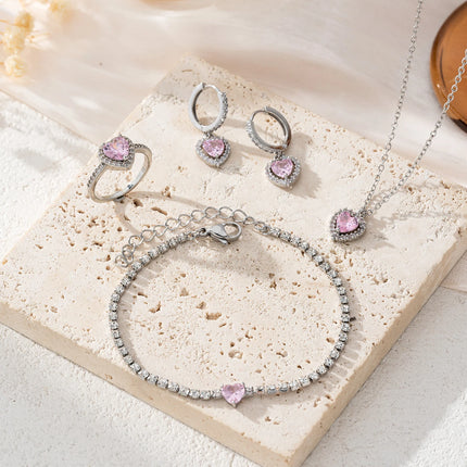 Charm Simple Cube Zirconia Love Design Pendant Necklace Ring Earrings Bracelet Set Banquet Jewelry