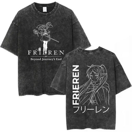 Anime Frieren: Beyond Journey's End Graphic Washed Vintage T-shirt Men's Women Fashion Short Sleeve Cotton Casual Loose T Shirts