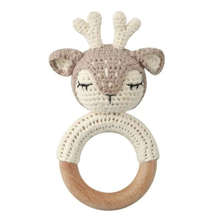Amigurumi Cartoon Animal Baby Rattle Cute Wooden Ring Handhold Newborn Rattle Toys Handmade Pacifier Clips Kids Educational Toys