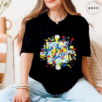 2026 Trendy Women's Autism Awareness T-shirts Creative Colorful Splatter Puzzle Graphic Female Clothing Short Sleeve Casual Tees