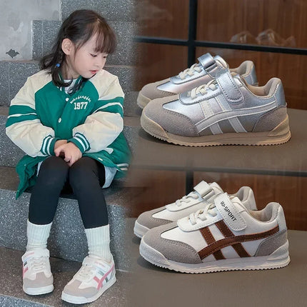 Children Sports Shoes Color Block Sewing Thread Hook Loop Round Toe Soft Soled Thick Flat Shoes Breathable Comfortable Non Slip