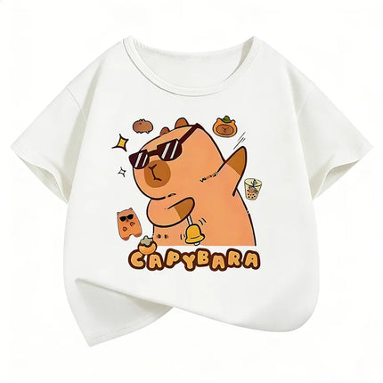 Summer Spring Cute Capybara Print Round Neck Short Sleeved Tee Shirt for Boys and Girls Fashionable Simple Children's T-shirt