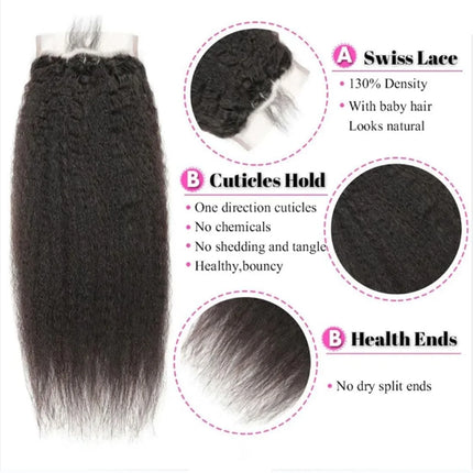 Kinky Straight 4x4 Lace Frontal Closure 100% Human Hair Yaki Straight 4x4 Lace Frontal Preplucked Natural Black  for Women
