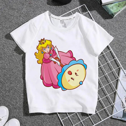 The New 2026 Super Mario Mary Cartoon Parent-child Outfit Male and Female Students Summer White T-shirt with Short Sleeves