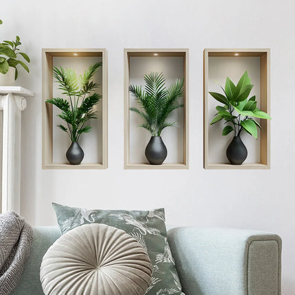 Green Plants Wall Sticker Potted Mural Simulation Painting for Living Room Home Decor Background Wall Art Removable Decals