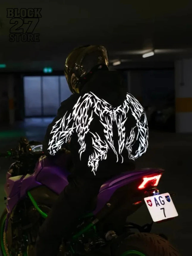 Luminous Hoodie Men New Motorcycle Biker Reflective Women Night Riding Safety Sweatshirt Gothic Streetwear Black Pullover Tops