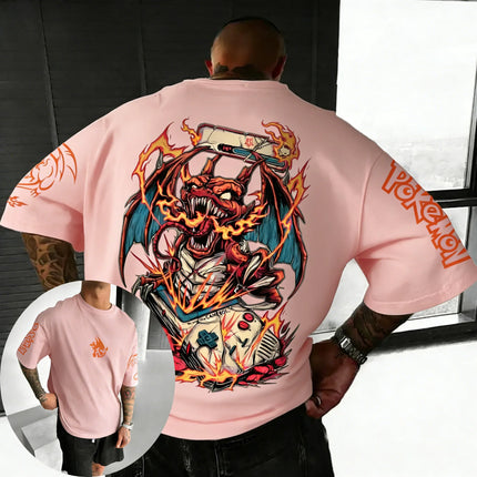 Pokemon  Game Charizard Co Branded Cotton T-shirt Summer New Men's and Women's Loose Casual Hip-hop Trend Short Sleeved Top