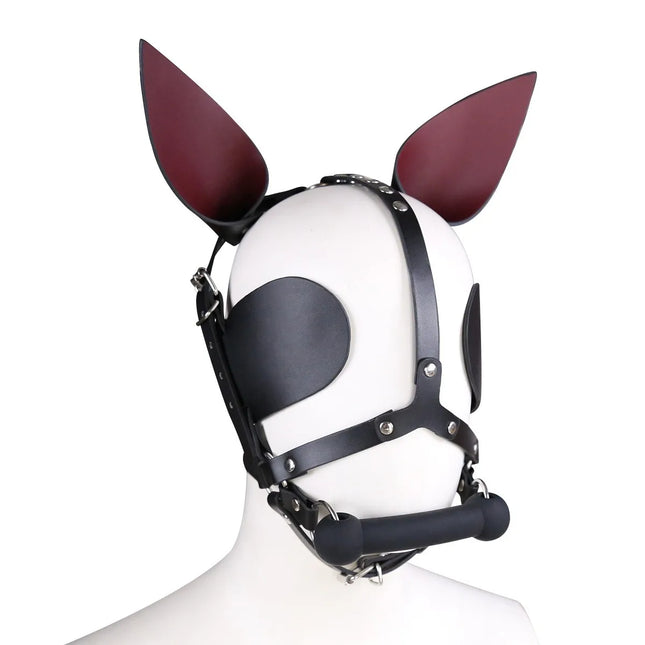BDSM Fetish Leather Harness Head Piece Hood Mask With Silicone Bone Mouth Gag Ears Eye Shade Bit Blindfold For Pony Pet Cosplay