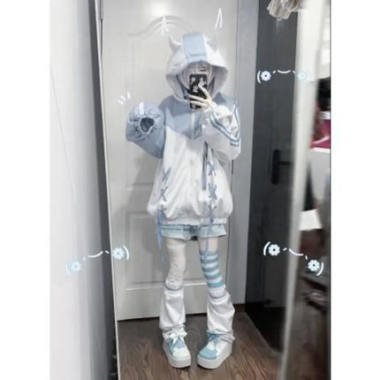 Zip Up Hoodies Spring Autumn Kawaii Zip-up Thin Coat Y2k Hooded Shirt Blue Women's Sweatshirts Zip Up Fall Clothes 2024 Women