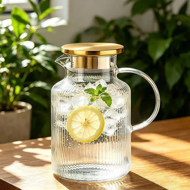 JUSTINLAU 1.8L Cold Water Pitcher High Borosilicate Glass Fruit Tea Kettle Stripe Boiled Water Jug Summer Juice Drink Tea Kettle