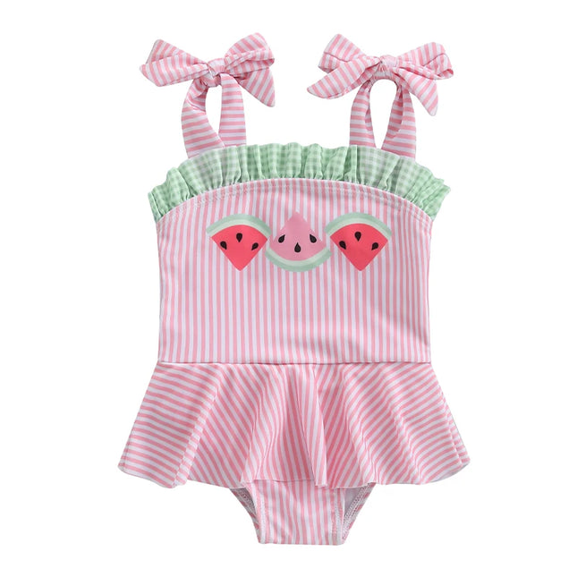 0-3Years Toddler Baby Girl Swimsuit Cute Watermelon Print Swimwear Kids Sleeveless Tied Shoulder Bathing Suit Baby Beachwear