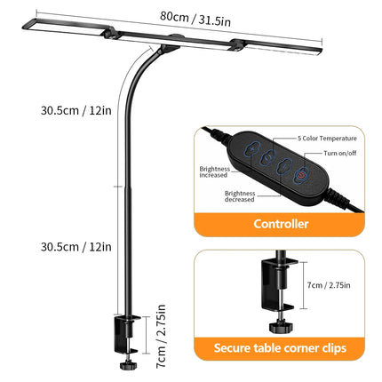2-Headed LED Desk Lamp for Office Home Eye-Caring Architect Lamp with Clamp USB 3 Color Flexible Adjustable Lighting Table Lamp