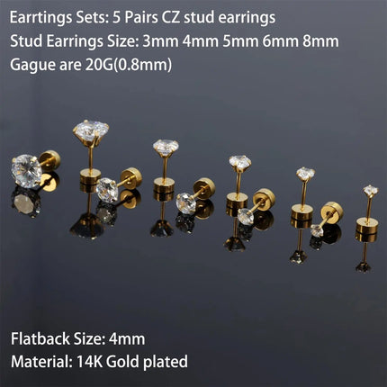 6 Pairs Earrings Sets for Multiple Piercing Small Huggie Hoop Earrings Flat Back Tiny Ball CZ Opal Pearl Stud Earrings for Women