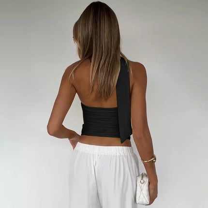 Hugcitar Women Elegant Halter Scarf Strapless Ruched Solid Sexy Slim Crop Tank Top 2025 Summer Casual Clothes Streetwear Party
