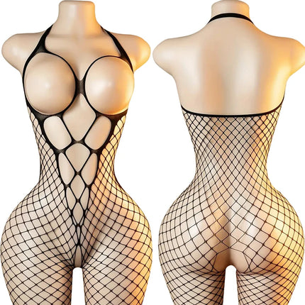 Off Shoulder Open Crotch Underwear Set Black Fishnet Hollow Bodystockings Sexy Crotchless Lingerie Women Erotic Teddy Bra Sets