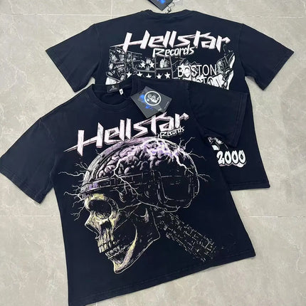 Retro Washed Loose Ex-Ort Sweet T-shirt Hell Star Skull Letter Print High Street Short Sleeve Summer Top for Men and Women