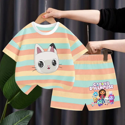 Gabby Dollhouse Children Summer Clothes Shorts Suit 2pcs Striped T-shirt Set Kid Tops Girl Tracksuits Outfits Boy Sport Tee Gift