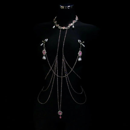 Pink Gemstone Necklace Nipple Clamps Erotic Tassel Body Chain 5 Sizes of Butt Plugs Chest Stimulation Integrated BDSM Restraint