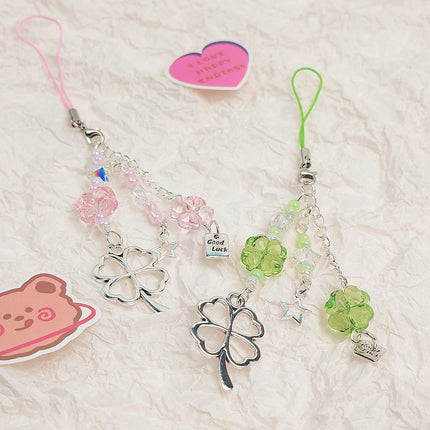 Y2K Lucky Four Leaves Clover Heart Key Ring Green Leaf Star Key Chain Cases for Phone Camera Korean Cute Beaded Couple Keychain