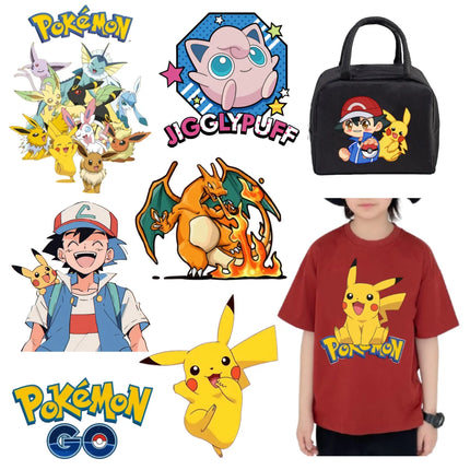 Pokemon Heat Transfer Stickers Anime Pikachu Cartoon Character Decal DIY Fashion Clothes Hat Bags Patches Ironing Decor Applique