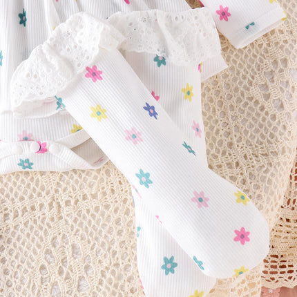 3PCS Autumn New Style 0-1 Year Old Newborn Girl Baby Sweet And Cute Printed Long-Sleeved Clothes + Socks Hair Bands