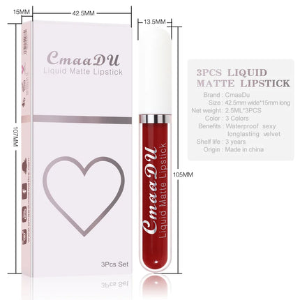 1/3pcs Matte Lipstick Set Liquid Waterproof Velvet Sexy Red Lip Gloss Kit Makeup Lasting Non-stick Cup Lip Tint Beauty Cosmetics