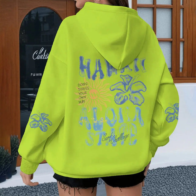Fashion Ocean Beach Series Women's Hoodies Y2K Floral Letter Starfish Hooded Long Sleeve Loose Sweatshirts With Kangaroo Pocket