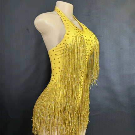 Sparkly Rhinestones Fringe Bodysuit Women Nightclub Party Dance Costume Stage Wear Sexy Tassel Leotard Performance Clothing 7G